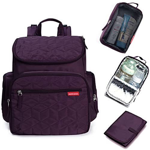 Bebamour Baby Wickelrucksack Wickeltasche mit Wickelunterlage Multifunktional Große Kapazität Babytasche Reisetasche für Unterwegs(Dark Purple)