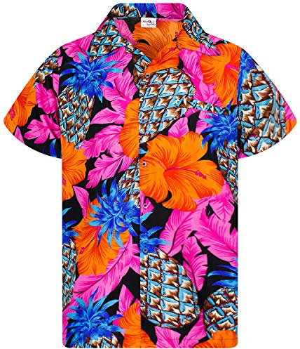 King Kameha Funky Hawaii-Hemd, Herren, Kurzarm, Pineapple-Hibiscus, Schwarz-Pink, S
