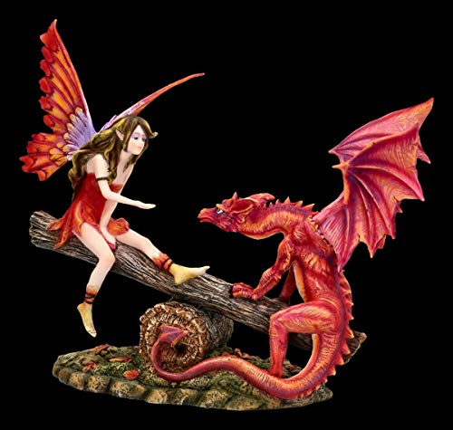 Elfen Figur auf Wippe mit roten Drachen | Fee, Fairy, Engel, Deko-Figur, Deko-Artikel, Statue, Skulptur, H 23,5 cm