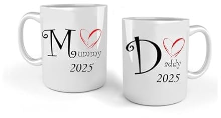 iTRONiK Love Heart Mummy and Daddy 2025 Mugs Set, Perfect for New Parents Mum and Dad, White, 11 Oz Mugs