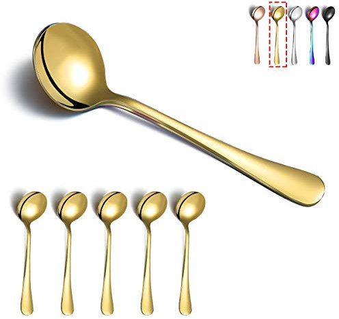 Cucharas de sopa doradas, Kyraton 6 piezas Cucharas redondas de acero inoxidable con baño de titanio dorado, Cuchara de mesa, Cucharas Cubiertos Apto para lavavajillas Juego de 6