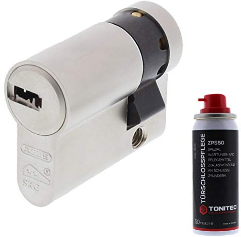ToniTec Set aus ABUS Zylinderschloss als Halbzylinder EC550 mit 3 Schlüssel Größe 10 60 mm + ToniTec Pflegespray