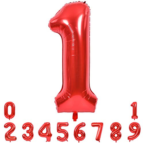 TONIFUL 40 Zoll Nummer Folienballon 0 to 9 in Rot Helium Zahlenballon Riesenzahl Luftballon Nummer 1 Heliumballons für Geburtstag, Hochzeit, Jubiläum Party Dekoration(Zahl 1)
