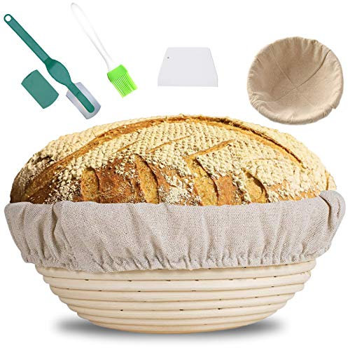 MUOIVG Panier Rond en rotin,Banneton Rond L'Imperméabilité Panier 25 cm, pour Pain et pâte 1000g avec Doublure + grattoir Blanc Gratuit+ Brosse+Lame Boulanger