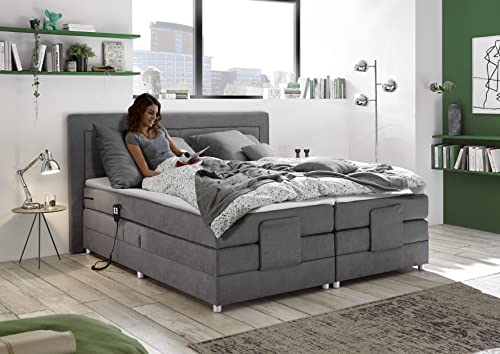 MöbisandMore Designer Boxspringbett 180/200 | Boxspringbett 180x200 mit Motor | H2-H4 bis 130KG | Komfort Matratzen und Premium Topper (Hellgrau, 160 x 200 cm)