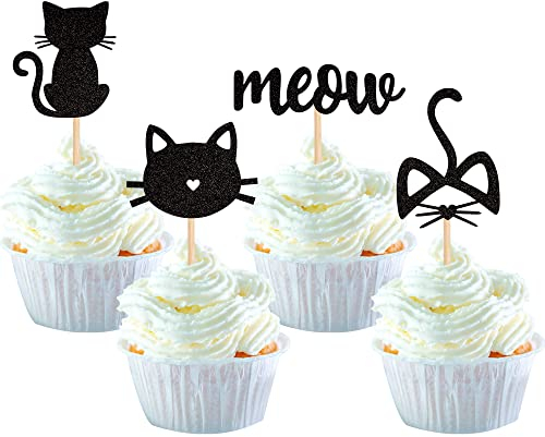 SYKYCTCY 24 Pack Cat and Meow Cupcake Toppers Black Glitter Kitten Cat Cupcake Food Picks Cat Lover Kitten Theme Baby Shower Kids Birthday Wedding Party Cake Decorations Supplies