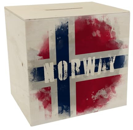 Spardose aus Holz mit Norwegen-Flagge im Used Look - Sparschwein für Urlauber eine schöne Sparbüchse mit der norwegischen Nationalflagge verziert um auf die Reise nach Norwegen zu