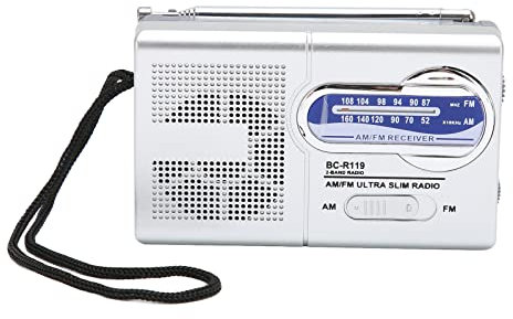 AM/FM Battery Powered Radio Multifunction Silver Gray Portable Mini Small Radio for Travel Hiking Cycling