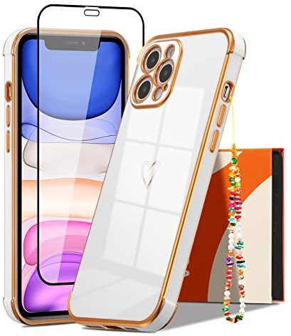 ZTOFERA Heart Case for iPhone 14 Pro Max with [Wrist Strap] [Tempered Glass Screen Protector] for Girls Women, Flexible Silicone Phone Chain Case with Gold Trim Shockproof Cover, White