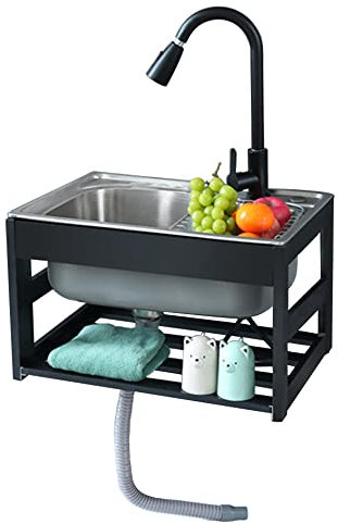 Lavabo de Pared,Fregadero Cocina 1 Seno de Acero Inoxidable 304 con Grifo Extraíble,Lavadero Pila Exterior,para Lavandería Baño Camping Jardín Restaurante y Bar ( Size : 58*43*35cm/22.8*16.9*13.8in )