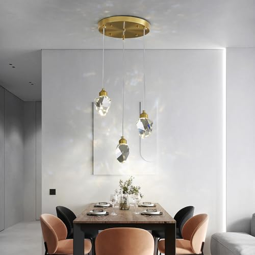 Moderne Kristall Pendelleuchte, 3-Farbige LED Kristall Pendelleuchte, Höhenverstellbare Goldene Decken Hängelampe, Für Kücheninsel Schlafzimmer Wohnzimmer Esszimmer (3-Köpfiger Runder Sockel)