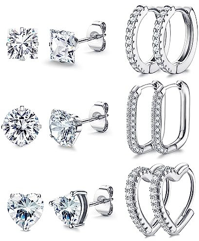 KRFY 6 Paar Ohrringe für Damen und Herren - Silber Creolen und Ohrstecker Set, Hypoallergen, Cubic Zirkonia, Unisex Sleeper Huggie Kleine Creolen