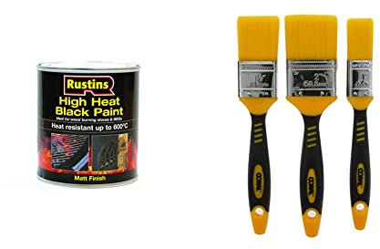 RUSTINS High Heat Black Paint 500ml & Coral 31416 Zero Paint Brushes with No Loss of Bristle Paintbrush Heads 3 Piece Pack Set, Yellow, Set of 3