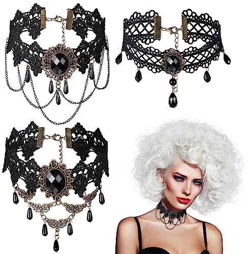 3 Stück Spitzen Choker Halsketten Set für Damen Schwarze Spitze Ketten Vintage Halsband Lolita Kostüm Zubehör für Halloween Party