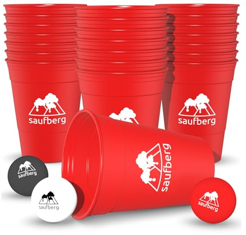 saufberg Beerpong Set - 22 Mehrweg Hartplastik Bierpong Becher | Festival | Geburtstag | Spülmaschinenfest | Red Cups extrem stabil | inkl. Bälle und Cupsocke | Rot