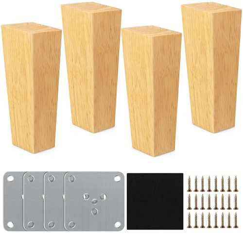 Pieds de Meuble, 4 Pieds de Canapé Bois avec Plaque de Montage Vis et Tapis antidérapant, Incliné pour Lit Armoire Tables et Chaises (Carré)