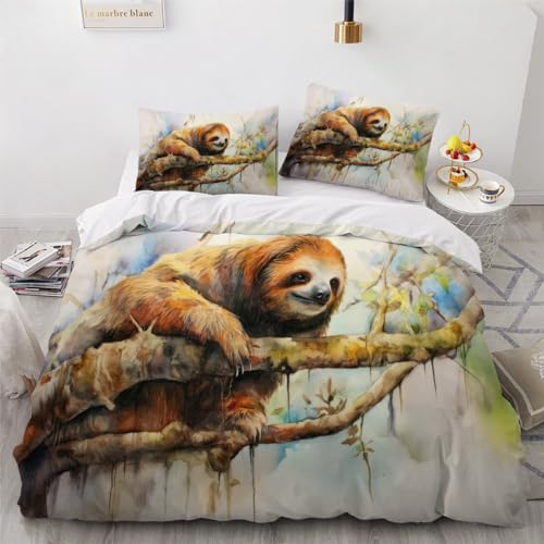DILANI Faultier Bettwäsche-Set 135x200cm Süße Tiere 3D-Druck Weiche Mikrofaser 3 Teilig Bettbezüge mit Reißverschluss und 2 Kissenbezüge 80 x 80 cm für Erwachsene Kinder