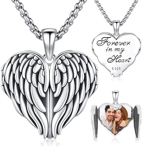 Friggem Medaillon zum Öffnen für Bilder Foto Medaillons Halskette 925 Engelsflügel Herz Medaillon Anhänger Kette, Erinnerungs Geschenke für Mama Frauen Mädchen (Herz Foto Medaillon)