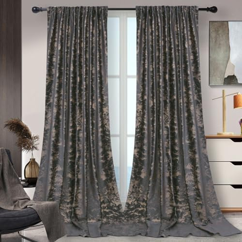 Rosnek Samt Vorhang Grau Blickdicht 2er Set,H244xB132CM Gardinen Kräuselband mit Heißprägen Muster,Thermogardine Verdunklungsgardine mit Multifunktionsband,Dunkelgrau