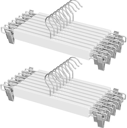 SONGMICS Hosenbügel Holz, 16er Set, Rockbügel aus Holz, mit verstellbaren Clips, rutschfest, für Hosen, Shorts und Röcke, Weiß CRW009W16