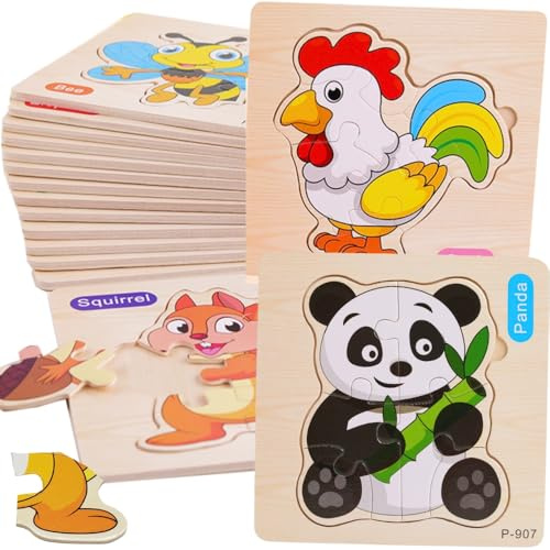 16 PCS Puzzle in Legno per Bambini di 1, 2 anni e 3, Regali per Compleanni e asilo nido, Giocattoli Educativi Montessori, Regali Originali, Puzzle in Legno con Animali (16 PUZZLE)