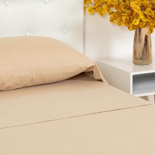 TRAMAS+ Bettwäsche-Set aus 100% Baumwolle für Bett 160x190/200 cm, 4-teilig, Spannbettlaken, Bettlaken und 2 Kissenbezüge 90x45 cm, weich, atmungsaktiv und Oeko-TEX Zertifiziert, Sandbeige