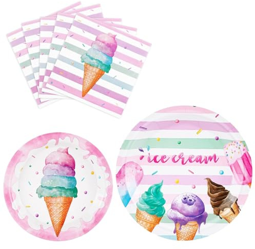 WERNNSAI Ice Cream Party Supplies -48PCS Ice Cream Party Plates and Napkins Set for Girls Birthday Baby Shower Luncheon Dinner Dessert Cake Party Tableware Set Serves 16 Guests