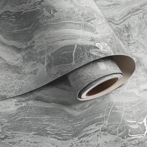 VaryPaper Grey Silver Marble Effect Self Adhesive Vinyl Wallpaper 40cmx200cm Glossy Marble Contact Paper for Kitchen Countertop Sticky Back Plastic Grey Vinyl Wrap for Furniture Cupboard Worktop Cover