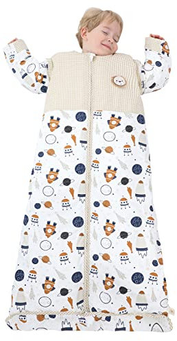 Chilsuessy Winter 2.5 Tog Kinder Schlafsack mit abnehmbaren Ärmeln Baby Schlafsack Bio Baumwolle Ganzjahres Schlafsack für Jungen und Mädchen Warm, 2.5 Tog/Raumschiff, L (100-130 cm)
