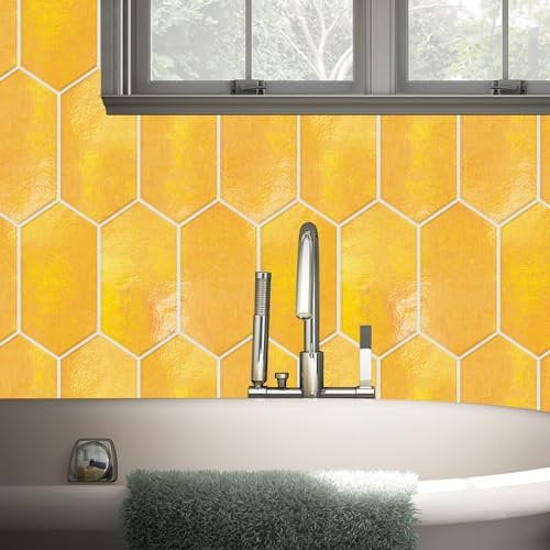 Fliesenaufkleber Gelb PVC Klebefliesen Küche,Wasserfest Fliesenaufkleber Bad,DIY Selbstklebende Fliesen Für Bad & Küche,Fliesensticker Für Küchenrückwand 12 Stück(10x20cm)