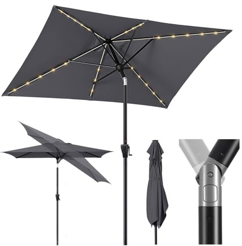 Sekey Aluminum Solar-Sonnenschirm mit LED-Beleuchtung 210x140cm, UV50+ Rechteckiger Balkon-Garten-Schirm, Solarlampe & Kurbelsystem