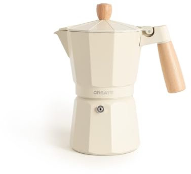 CREATE / THERA MOKA RETRO/Cafetera italiana blanco roto 450 ml/Capacidad de 9 tazas, fabricada en aluminio, válvula de seguridad, apta para gas, cocina eléctrica o vitro