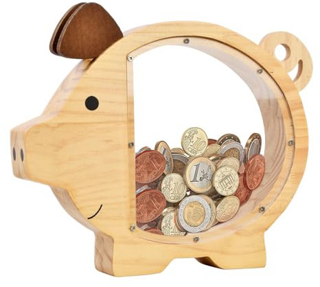Dokeno Spardose Kinder, Sparschwein Holz, Spardose Personalisiert, Spardose Schwein mit Klares Fenster, Sparbüchse Münze, Geldspardose Kreative, Spardose Holz für Junge Mädchen Geschenk Dekoration