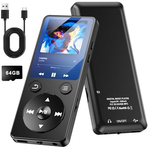 Lecteur MP3 Olycism avec Bluetooth, Lecteur Audio numérique MP3 64 Go avec Haut-Parleur, écran 2,4 Pouces, Batterie 450 mAh, Compatible vidéo/e-Book/Radio FM/podomètre, Extensible jusqu'à 256 Go.