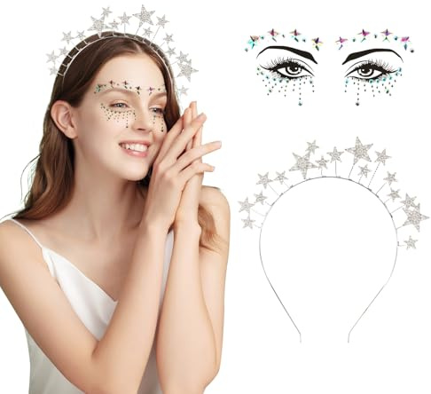 Sterne Haarreif Silber Sterne Stirnband Strass Haarband Gesichtstattoo Karneval Fasching Halloween Geburtstag Party Kostüm Haarreifen Glitzer Haarschmuck für Damen Mädchen