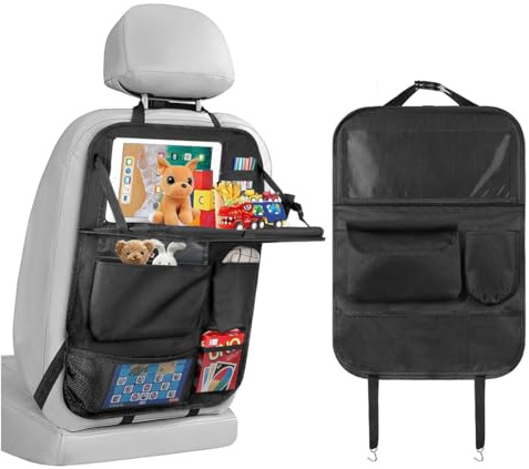Garegce Car Organiser Car Seat Organiser Kids, Back Seat Organisers with Foldable Tray Table, Large Bag Multifunctional with Tablet Holder and Pockets for Books, Toys, Snacks - Black (1PCS)