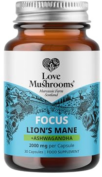 Love Mushrooms Lion’s Mane Plus Ashwagandha Capsules 2,000mg Lion’s Mane & 400mg Ashwagandha | Mushroom & Adaptogen Supplement for Cognitive Support & Stress Relief | Vegan, UK Made | 30 Capsules