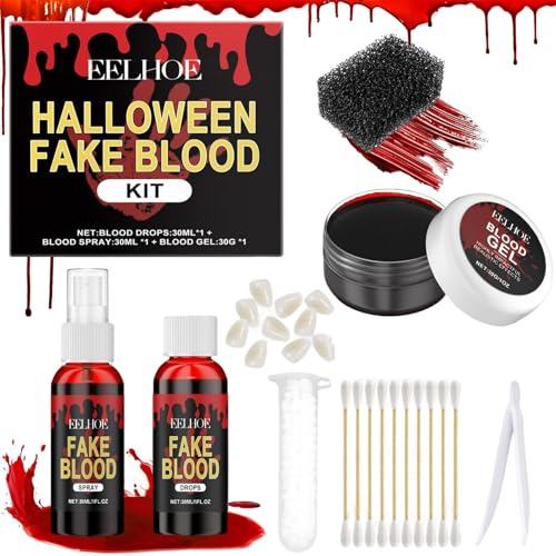 Kunstblut Halloween Set,5 Pieces Vampire Cosplay Fangs+Kunstblut Spray+Tropfendes Kunstblut+ Wundschorf Kunstblut+Schwämme,Schminke Fake Blood für Kleidung, Zombie,Cosplay Dress Up