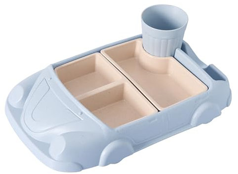 Kid Dinner Plates Set, Divided Car Shaped Tableware Set with Separate Plates & Milk Cup, Shatter- Resistant Toddler Plates Feeding Set, Reusable Dishes for Kids Girls and Boys (Blue)