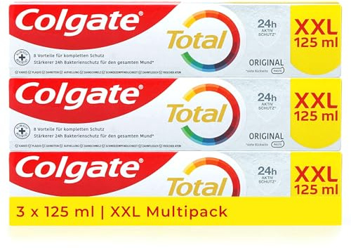 Colgate Zahnpasta Total Original 3x 125ml XXL, Zahncreme gegen Karies und Plaque. Schützt den Zahnschmelz
