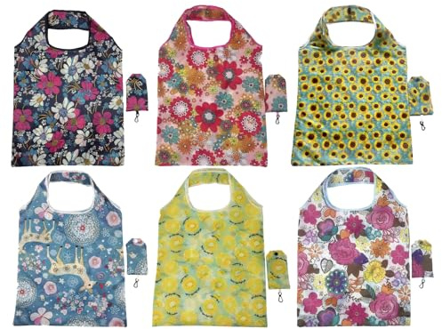 6 Pcs Foldable Shopping Bags, Eco-Friendly Reusable Tote Waterproof | Nylon, with Attached Pouch Hook Washable Portable Folding to Fit in Pocket Grocery Bags for Daily Shopping Travel Picnic