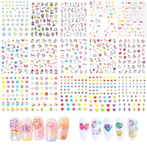 BelleFlair 15 Blatt Nagelsticker Kinder, Selbstklebende Nagelaufkleber Mädchen, Süße Einhorn Regenbogen Blume Herz Stern Tiere Motive, Nageltattoos Nageldesign Nail Art Sticker für Geburtstag