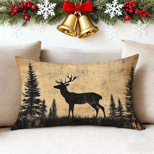Kissenbezug 30x50 cm Vintage Kissenbezüge Hirsch Kissenhüllen Dekokissen Sofa Kissen Outdoor Kissen Leinen Pillow Case für Winter Deko Couch Bett Wohnzimmer Weihnachten Home Decoration Gifts 1h-206