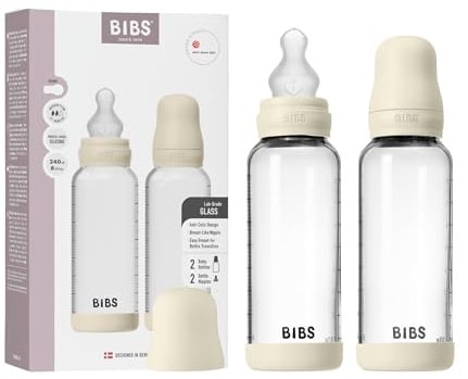 BIBS Biberon en verre, 240 ml, 2-pack, Tétine en silicone, Ivory | Anti-colique | Tétine en silicone | Débit moyen | Adapté à l’allaitement | Fabriqué au Danemark | Tétine BIBS