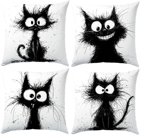 SEVENWELL Katzen Kissenbezüge 40x40 cm 4er Set Schwarze Katze Motiv | Dekorative Kissenhüllen für Katzenliebhaber Sofa Wohnzimmer Schlafzimmer
