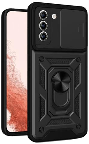 Techsuit für Samsung Galaxy S22 Plus 5G Hülle mit Schiebe Kameraabdeckung, Ringhalter, Magnethalterung Kompatibel, Erhöhte Kanten, Stoßfest, CamShield Series, Polycarbonat, Schwarz