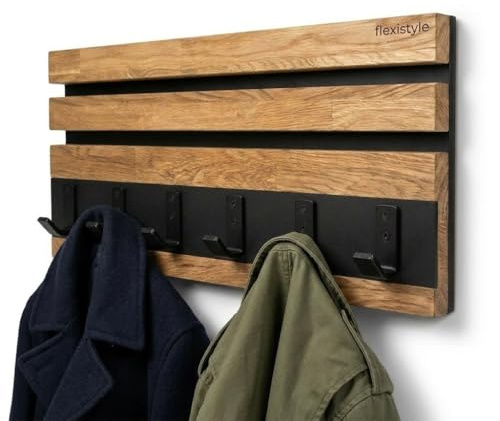 XXL Wandgarderobe aus Eiche „Horizont“ – Moderner Holz-Wandhaken aus massivem Eichenholz – Minimalistischer Garderobenhaken für Flur, Schlafzimmer & Büro – Hergestellt in EU (Eiche/Schwarz, 60, 6)