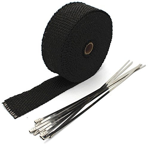 Mintice 5CM X 10M Fiberglas Schwarz Hitzeschutzband Auspuffband Auspuff Hitze Wickel Schild Hülle Auto Motorrad Krümmerband mit 6 Pcs Kabelbinder