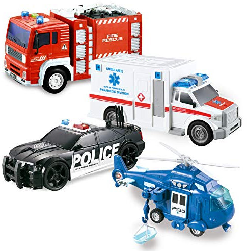 JOYIN Juego de 4 héroes urbanos impulsados por fricción Que Incluye camión de Bomberos, Ambulancia, Coche de policía y helicóptero, vehículos de Emergencia con luz y Sonido
