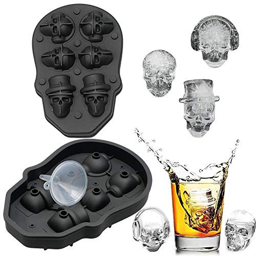 FLZONE 3D Totenkopf Silikon Eiswürfelform,lustiger Eisschädel für Whiskey,Cocktails,Likör und Saft Getränke mit Mini-Trichter